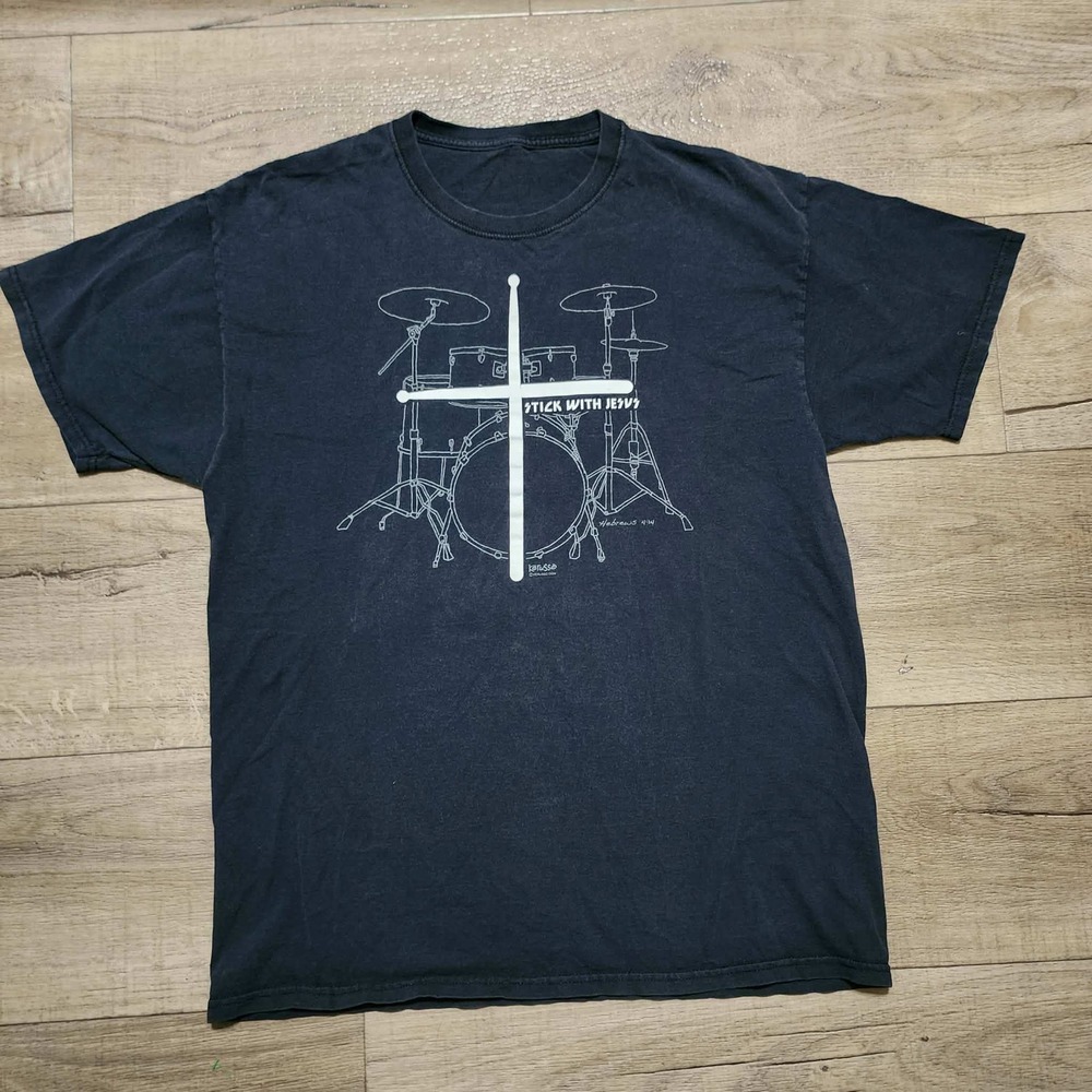 Y2K Kerusso Mens Stick With Jesus Drum Set Christian Graphic T-Shirt Navy Blue m